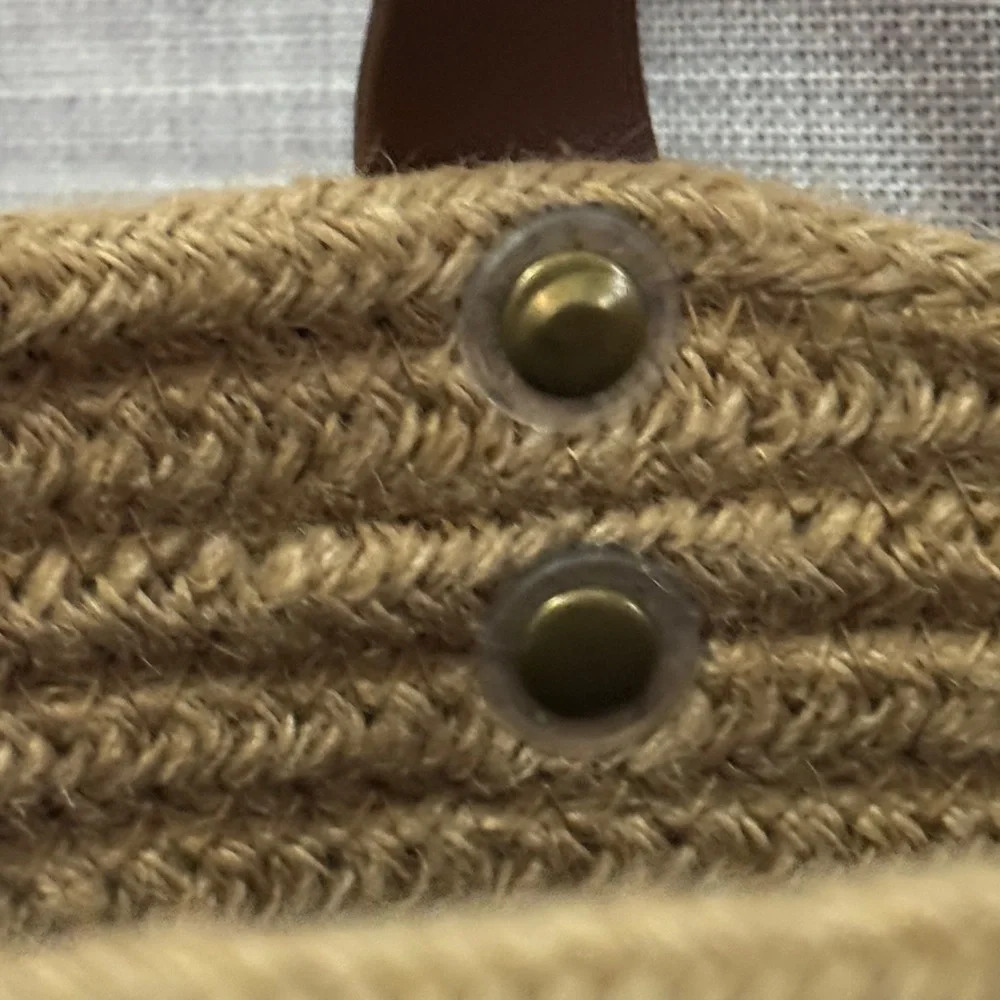 Woven Natural Fiber Coil Style Basket-Brown Faux Leather Hanging Loop-EUC